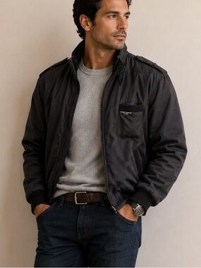 World Travel Club Vintage Men's Black Bomber Jacket with Stand Collar